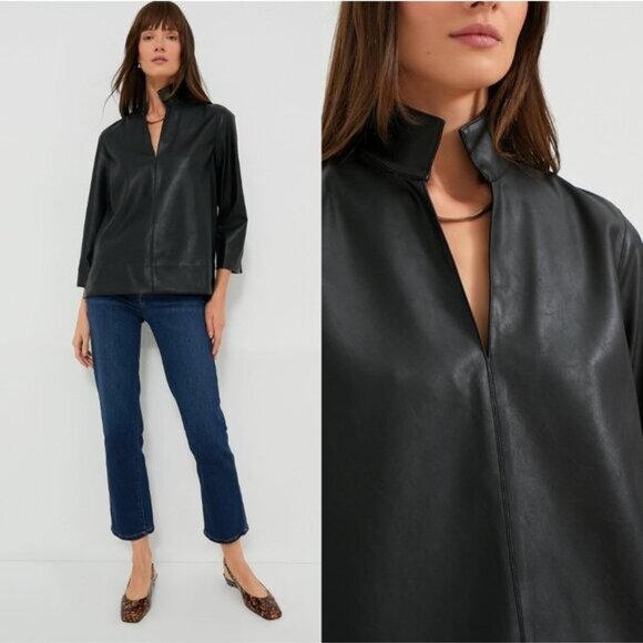 Tuckernuck NEW Black Faux Leather Chic Edgy Collared Margot Top Size S - Picture 2 of 13